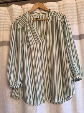 Cabi Green, Navy & White Vertical Stripe V-Neck Blouse